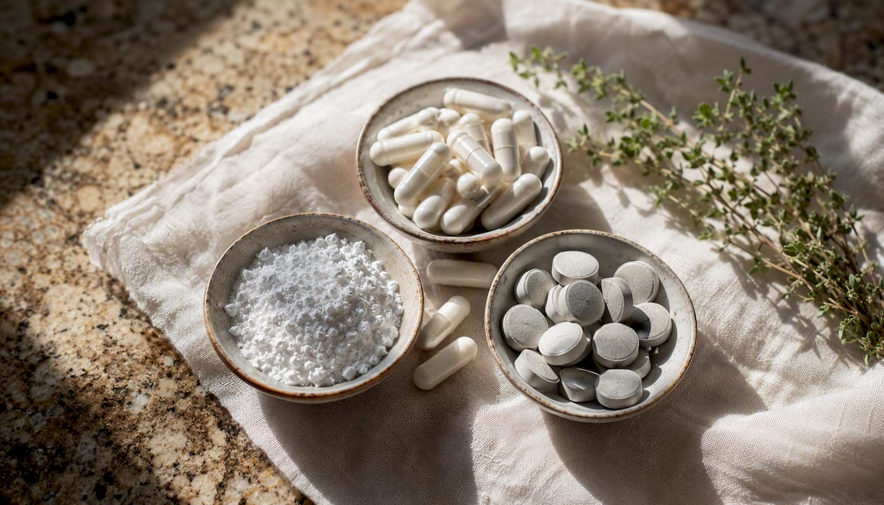 Bowls showing different magnesium supplement forms