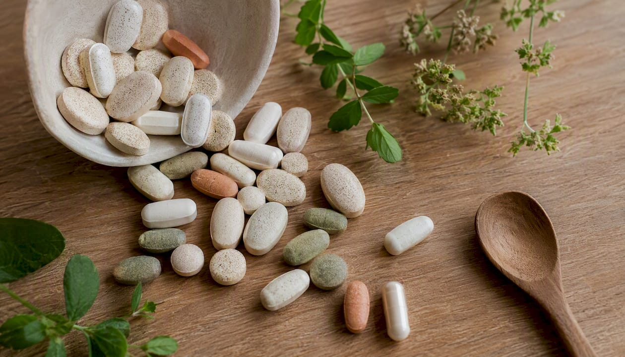 Zinc and vitamin tablets spilled on table