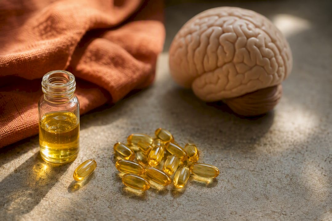 Omega-3 capsules near brain model on wood