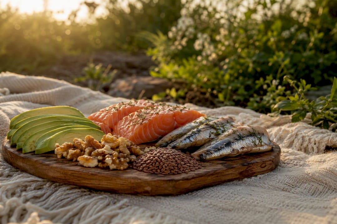 Fatty fish and omega-3 rich foods on rustic board