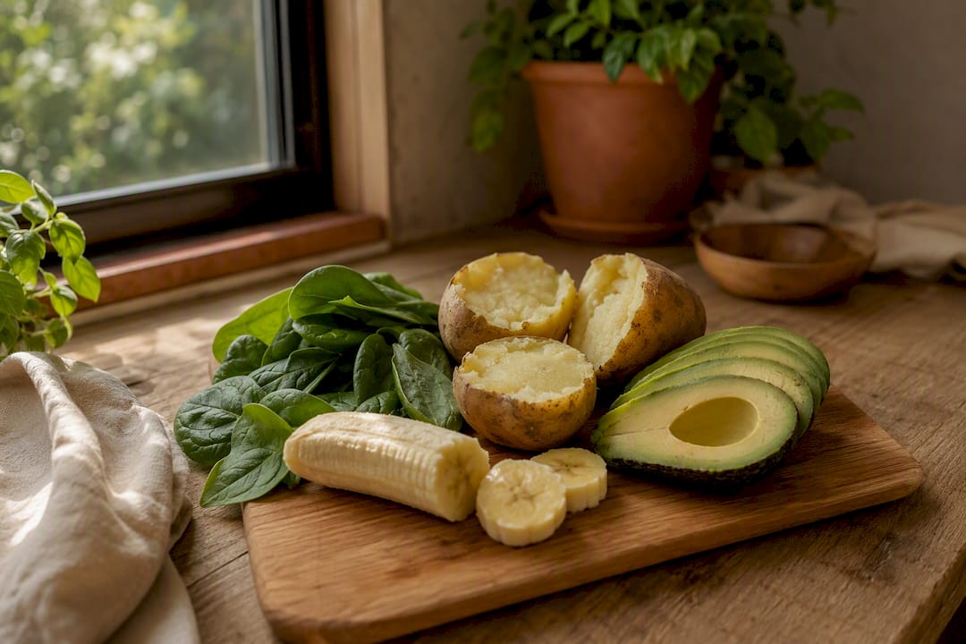 Overhead view of potassium rich foods on wooden table