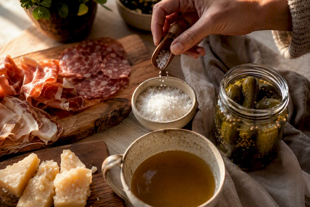 Hand sprinkling salt with sodium rich foods nearby