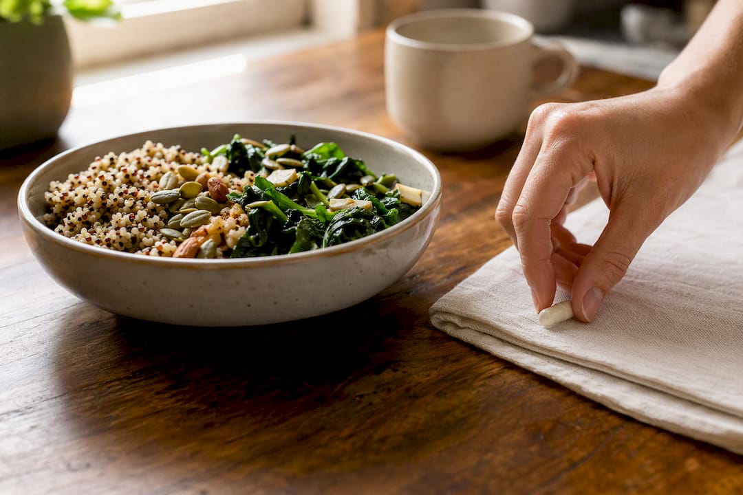 Hand placing magnesium capsule near food plate