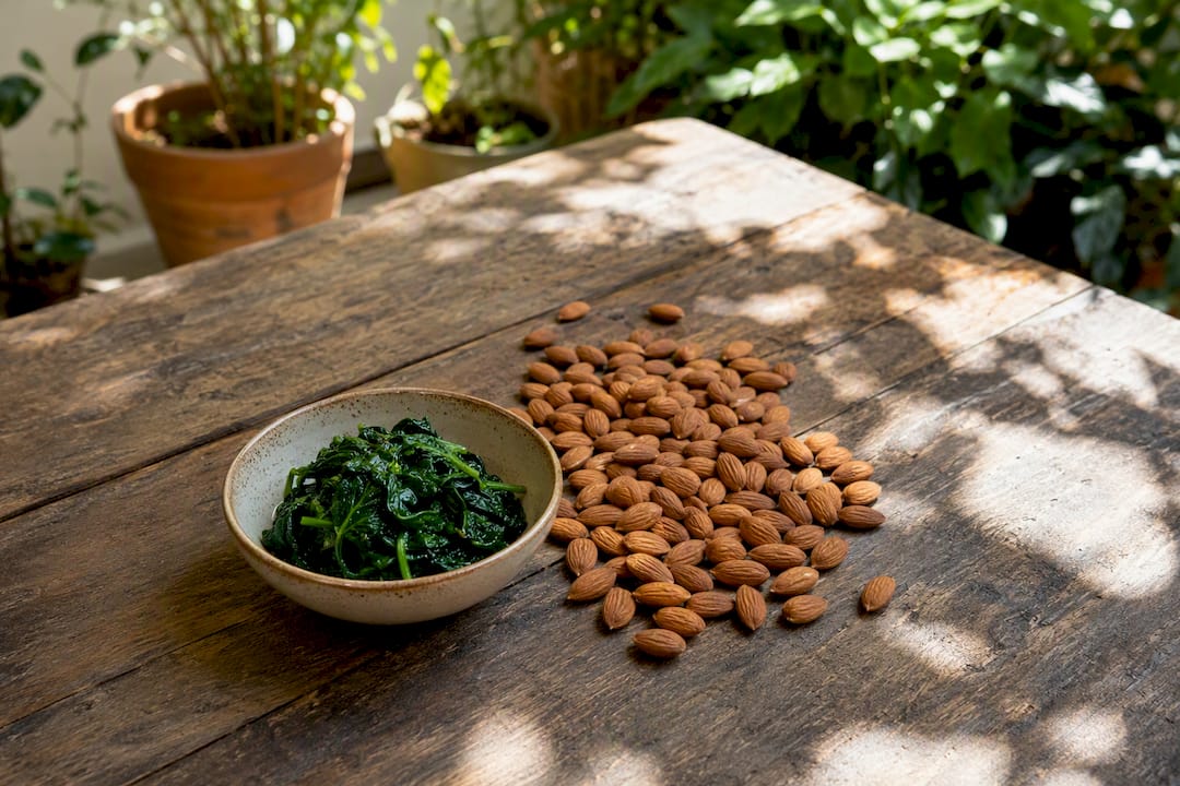 Almonds and cooked spinach on wooden surface