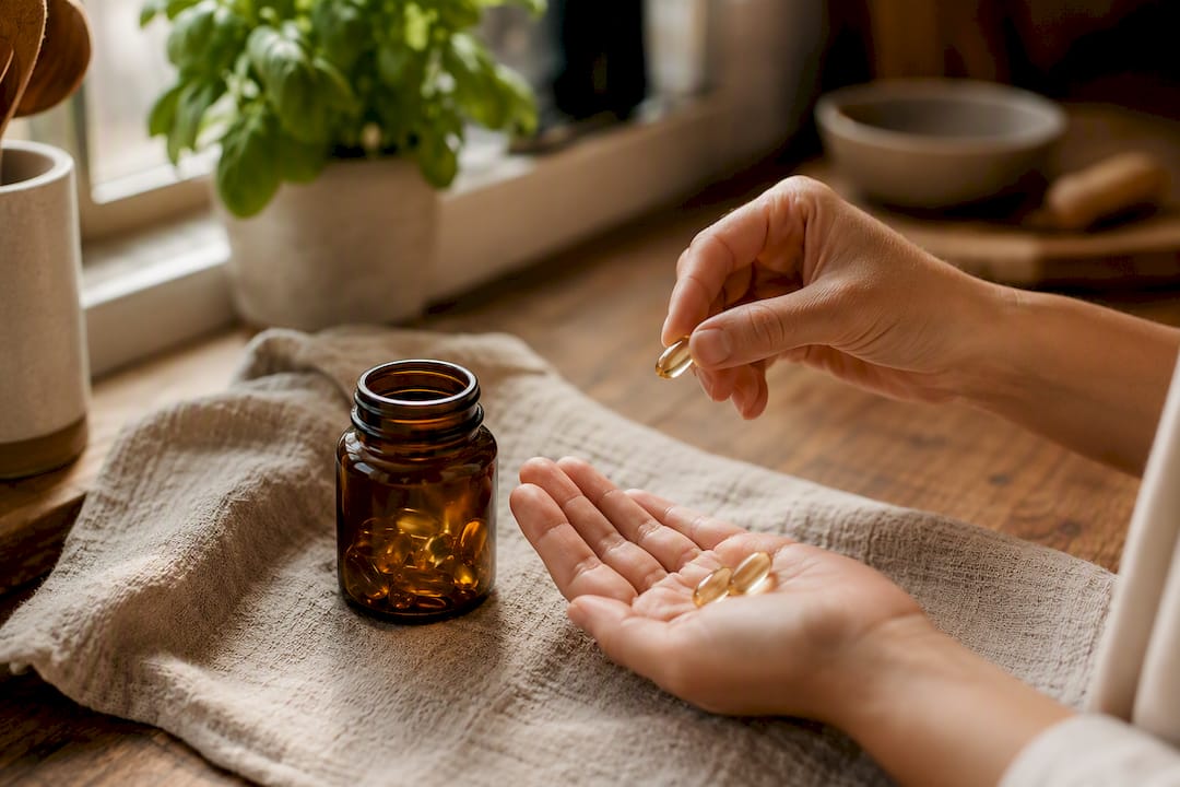 Hands counting omega-3 capsules on table