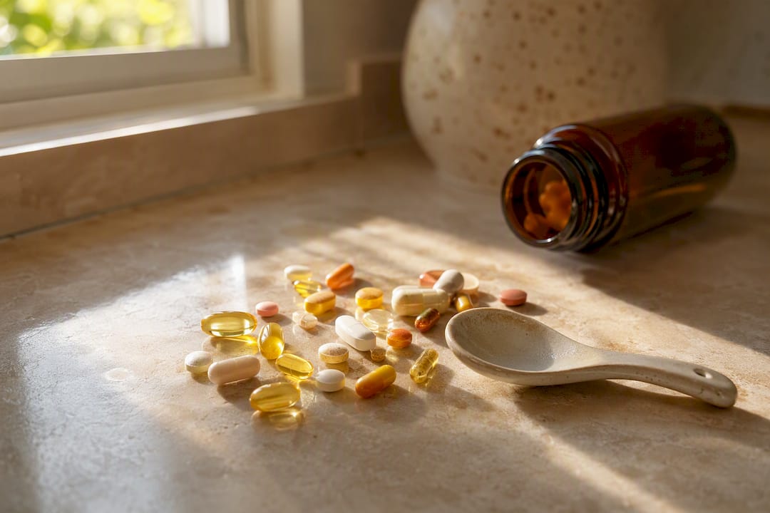 Spilled vitamin capsules on terracotta table