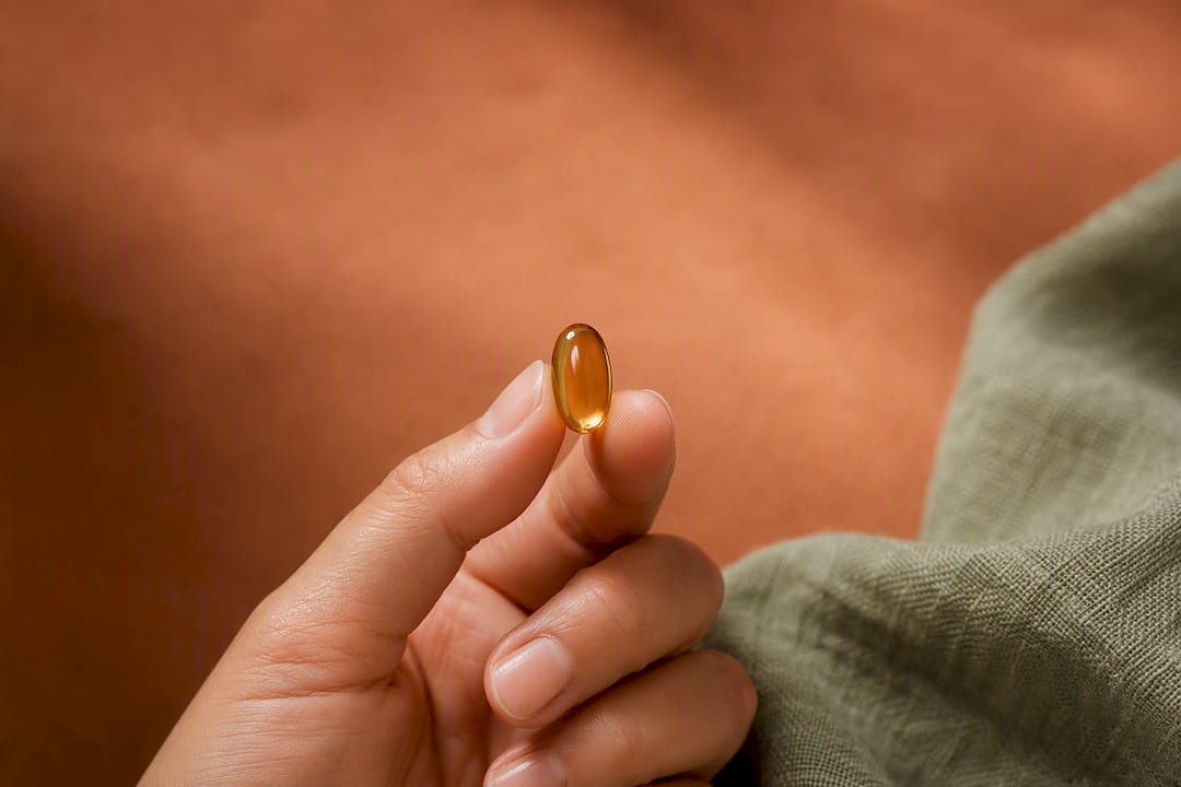 Hand holding omega-3 fish oil capsule