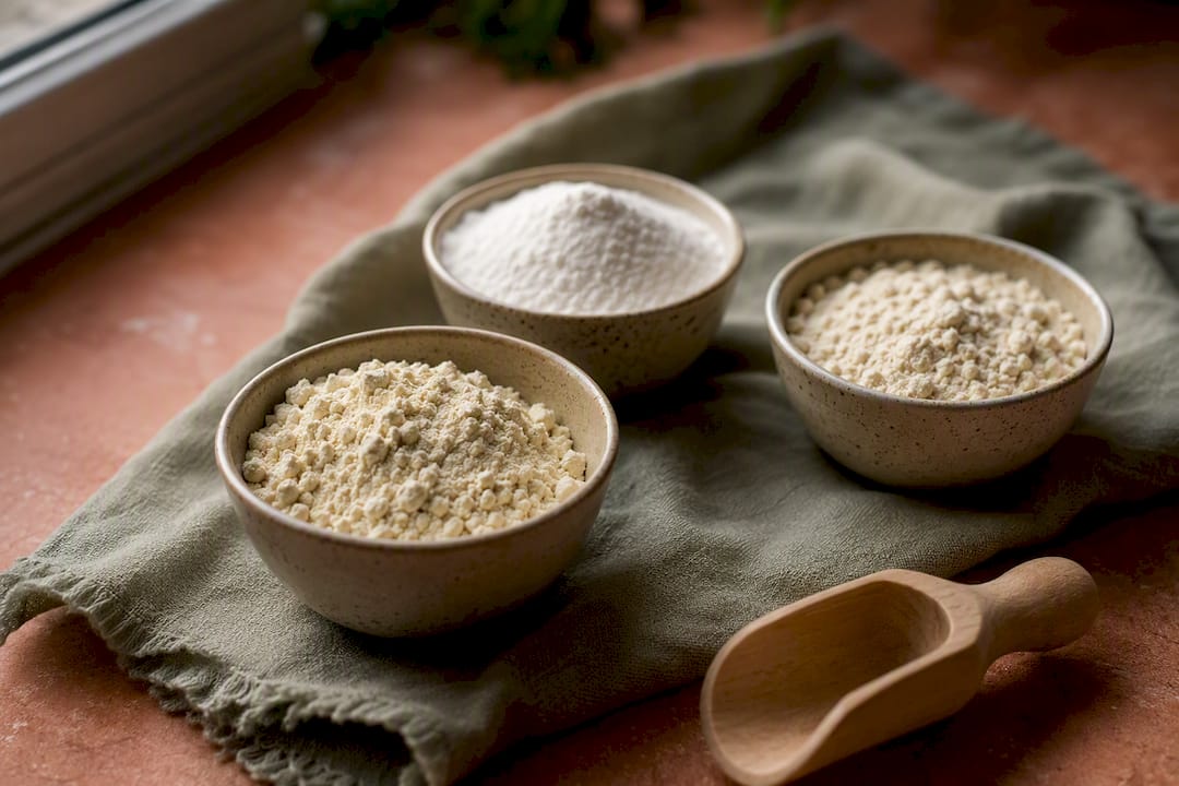 Three types of whey protein powders in bowls