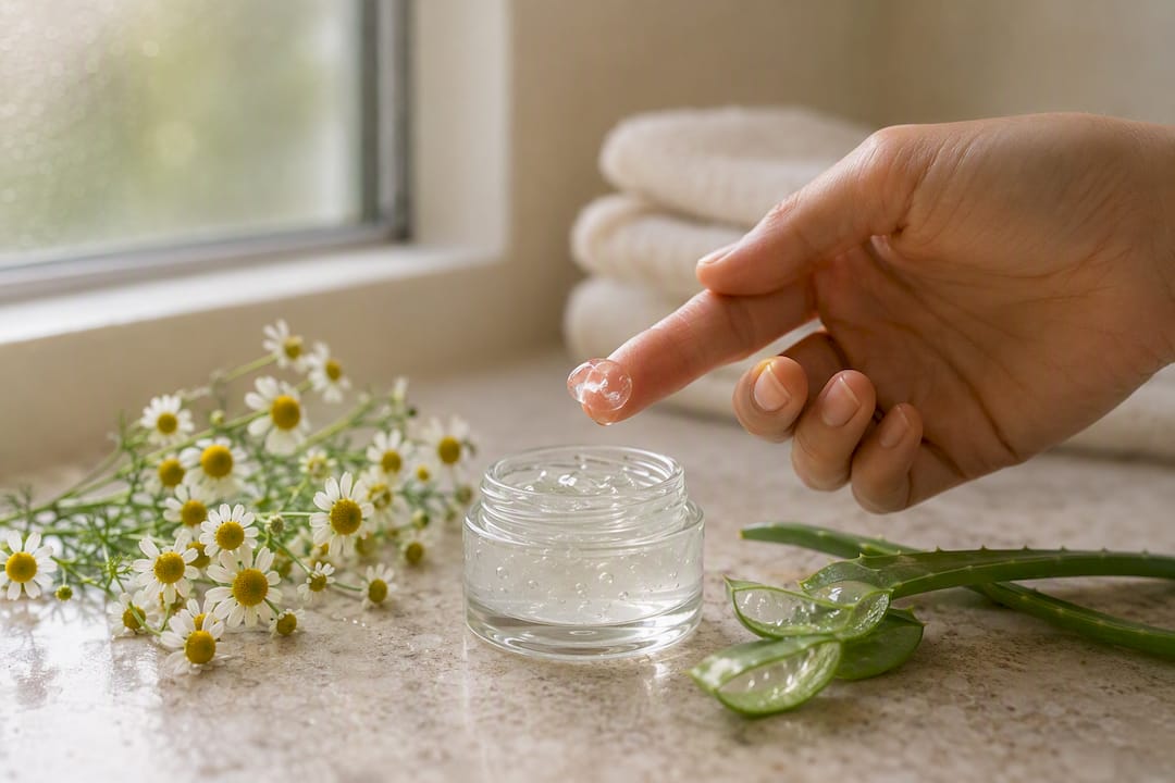 Moisturizing gel on fingertip with aloe leaves nearby