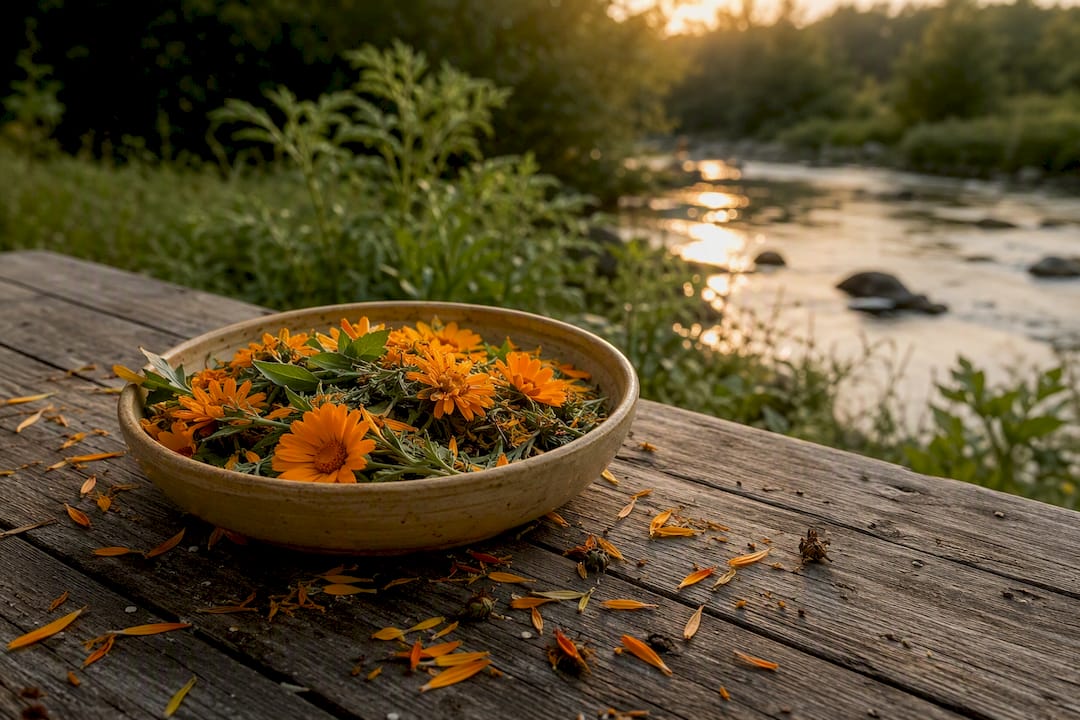 Calendula flowers and herbs for skin inflammation
