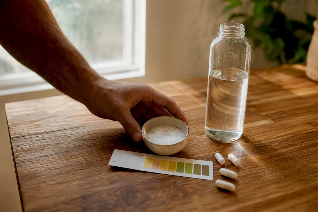 Hydration tools: stopwatch, water bottle, and urine color chart