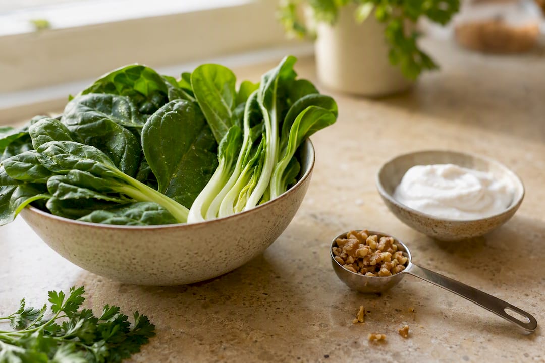 Calcium rich plant foods on wooden table