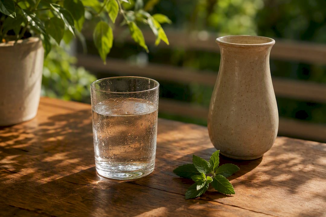 Glass of water on terracotta table