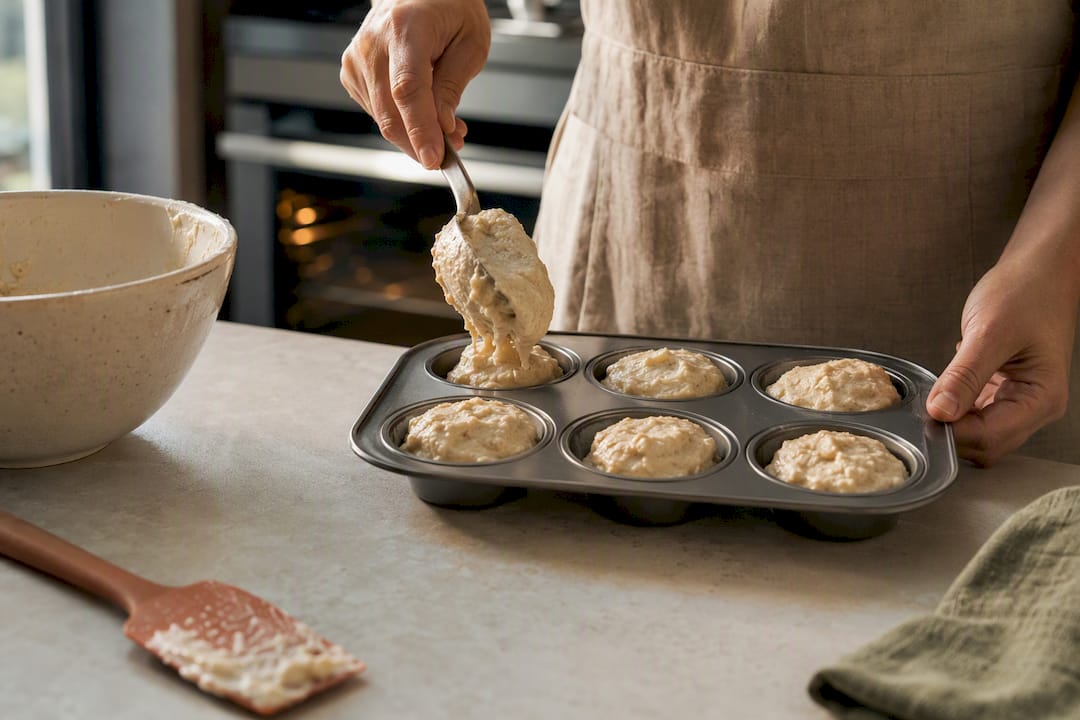 Spoon filling muffin tin with protein batter