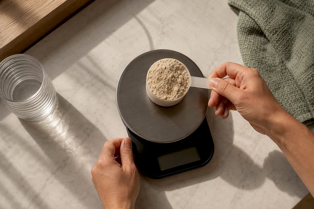 Hands measuring a protein powder serving