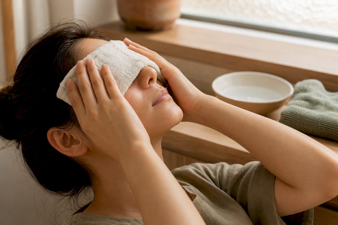 Warm cloth compress over closed eyelids