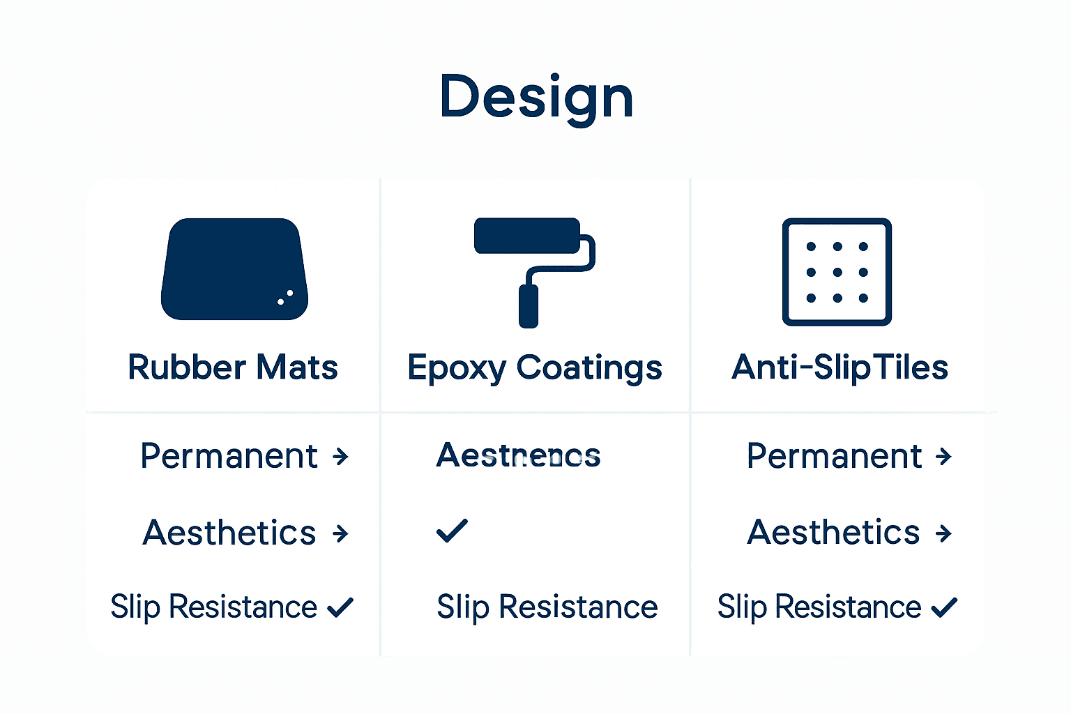 Infographic comparing anti-slip tiles, rubber mats, and epoxy coatings by safety and durability