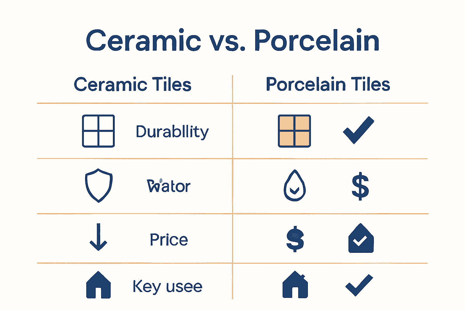 Infographic comparing ceramic and porcelain tiles side by side with icons and brief advantages.