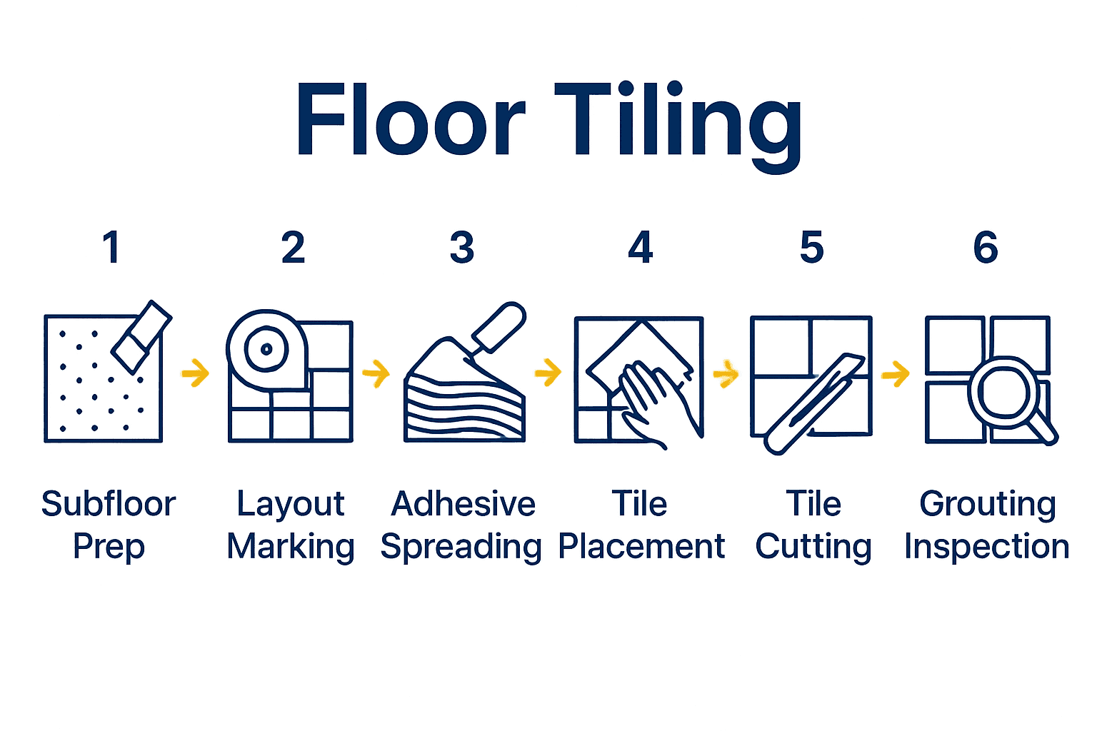 Visual workflow showing steps of floor tiling from preparation to inspection