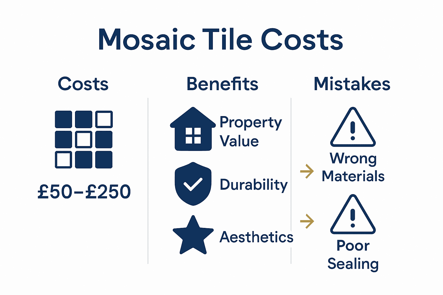 Infographic showing costs, benefits, and pitfalls of mosaic tiling in the UK.