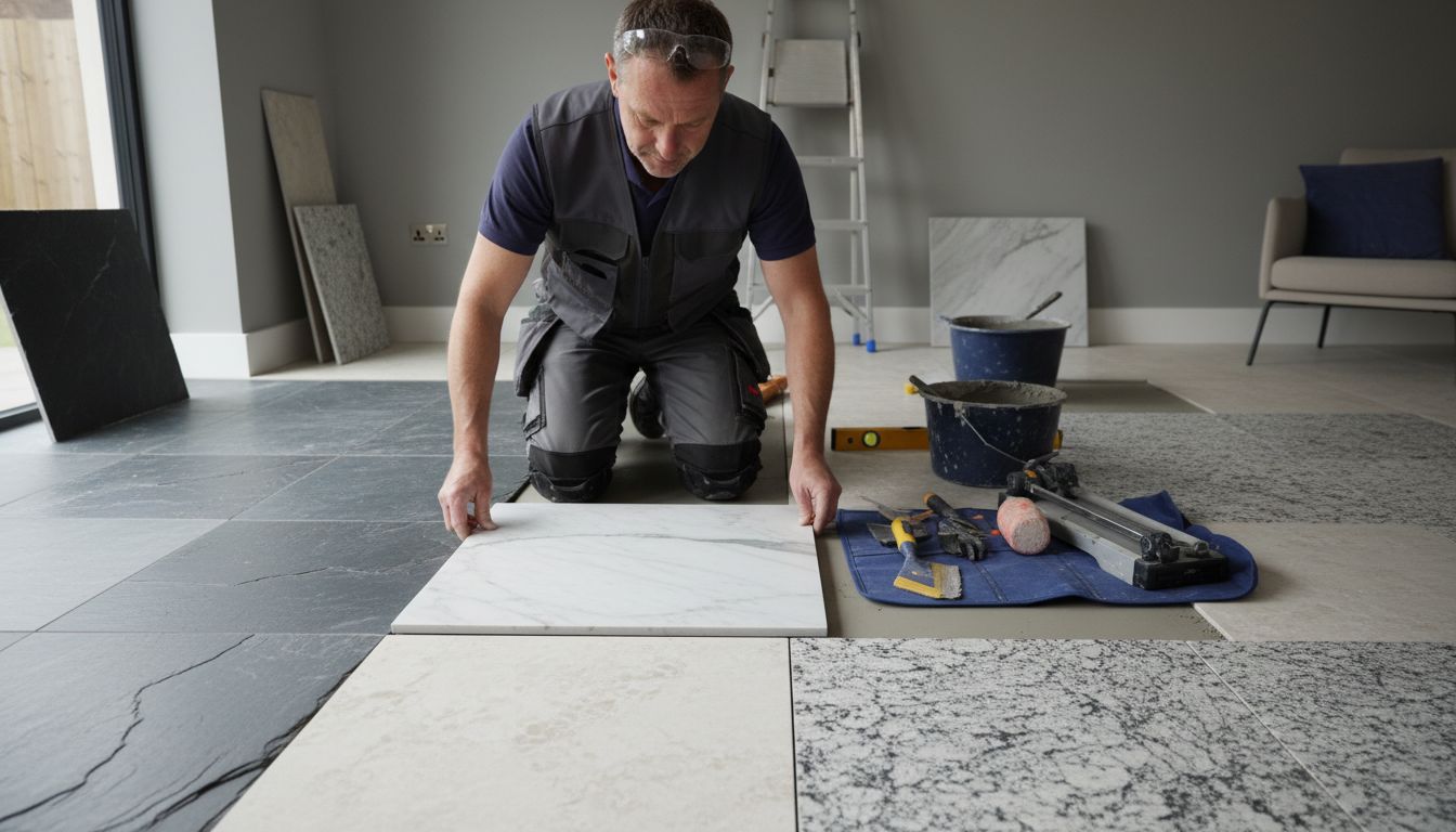 stone tile installation closeup