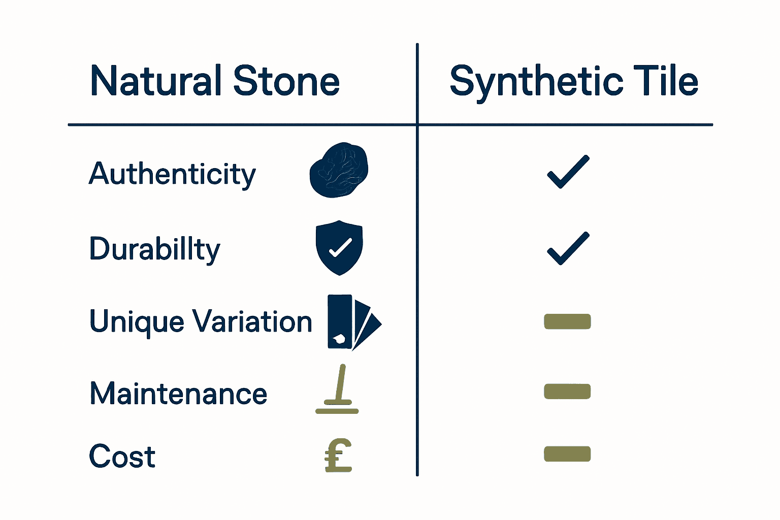 Infographic comparing natural stone and synthetic tiles across key features