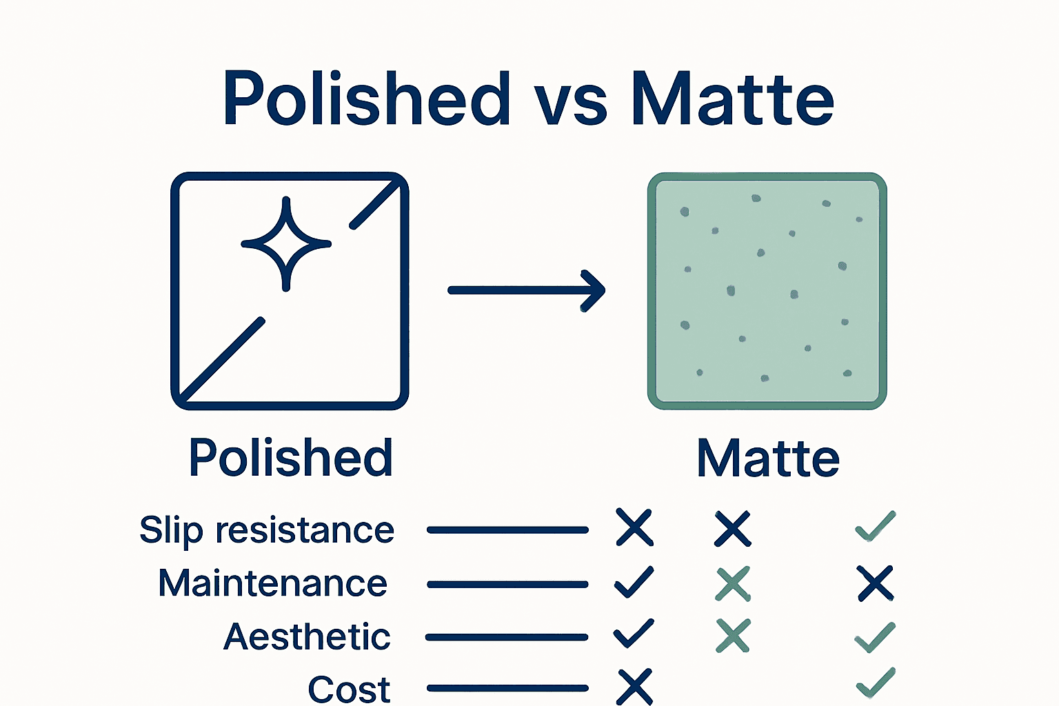 Infographic comparing polished and matte tile features and uses.