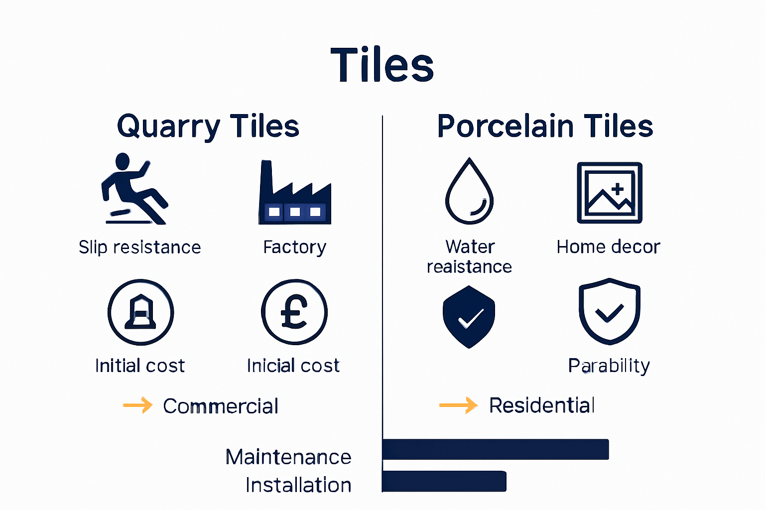 Quarry versus porcelain tiles comparison infographic with icons and performance metrics.