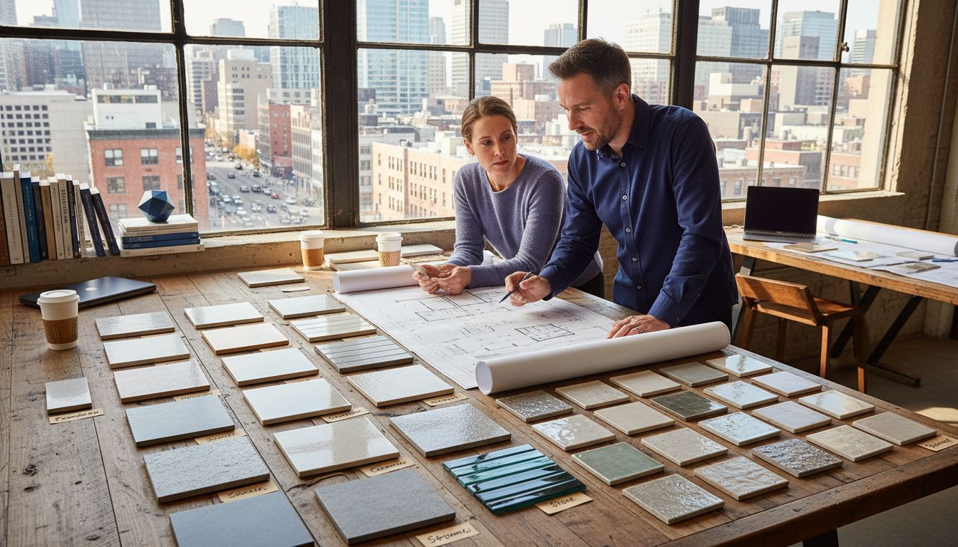 Assorted commercial tile samples on table