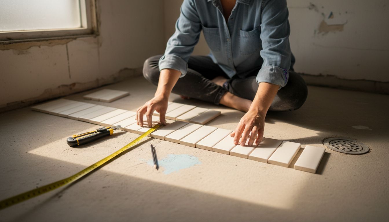 Woman planning precise bathroom tile layout