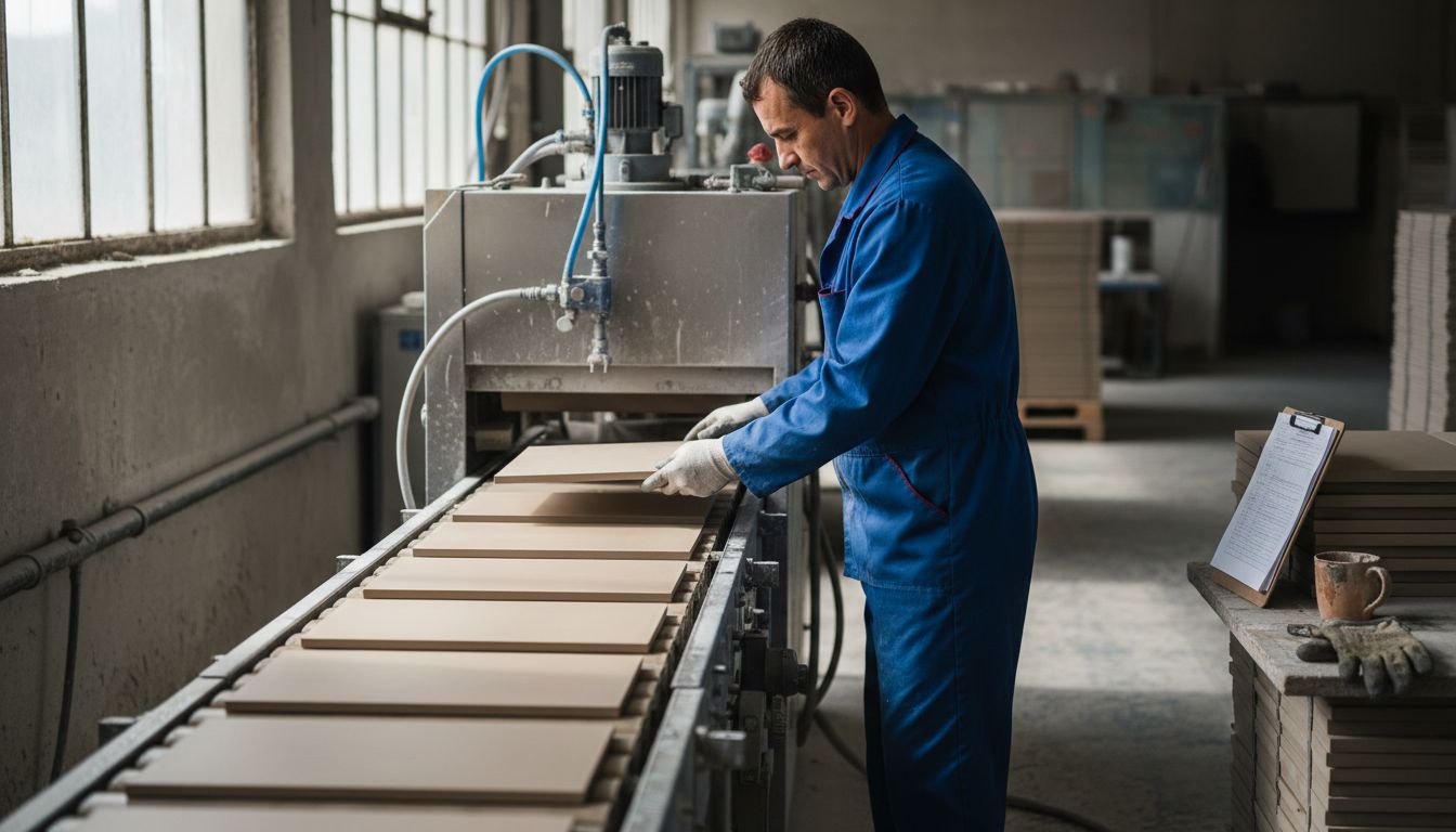Worker applying glaze to ceramic tiles