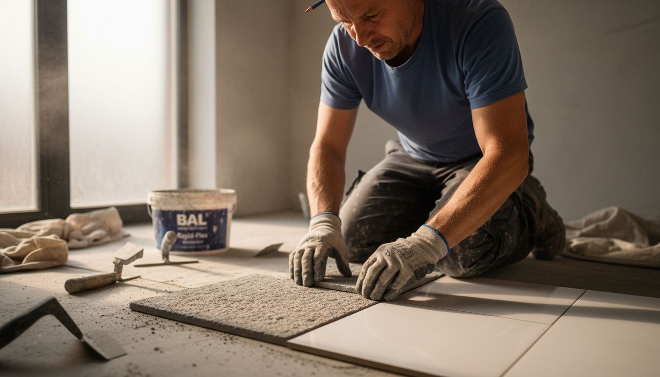 Contractor installs textured and glossy tiles
