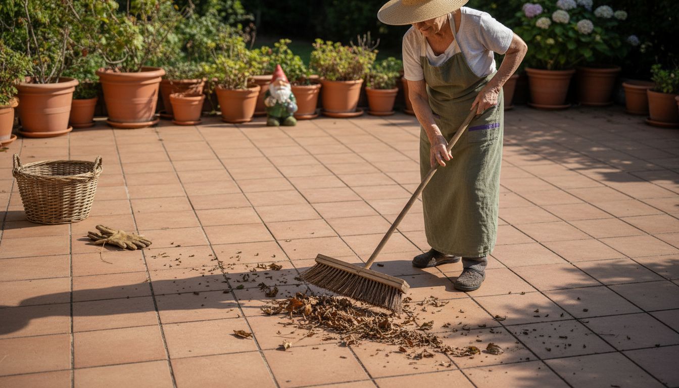 Sweeping debris from tiled outdoor patio