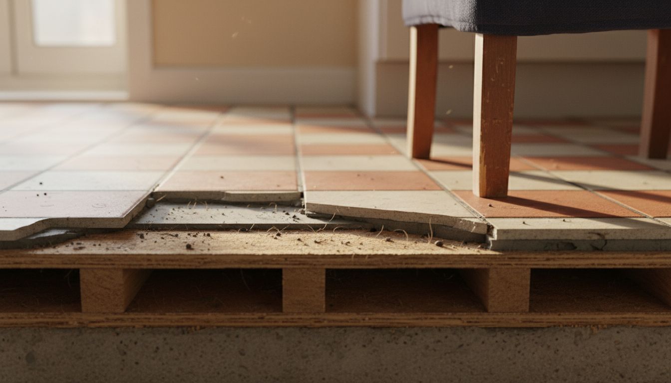 Closeup of layered tile underlayment in floor