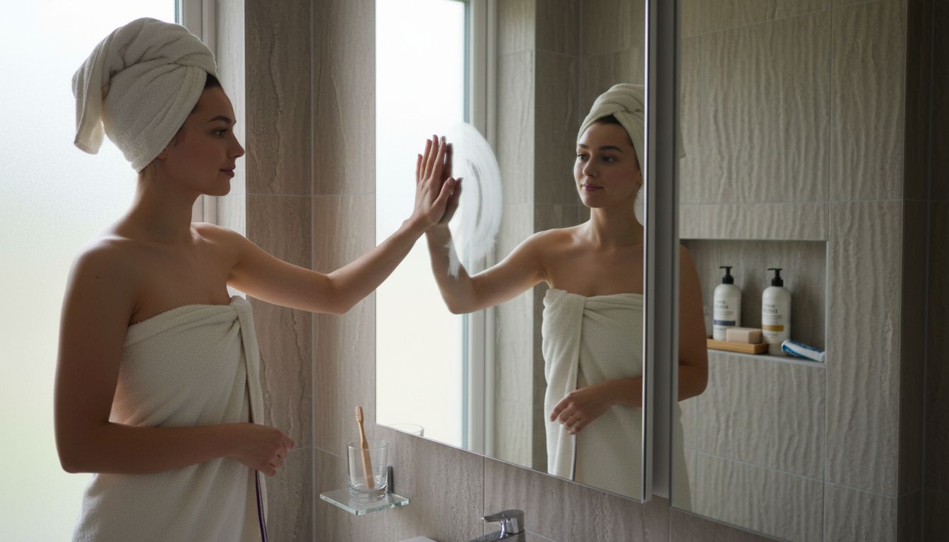 Bathroom with textured wall tiles and steam
