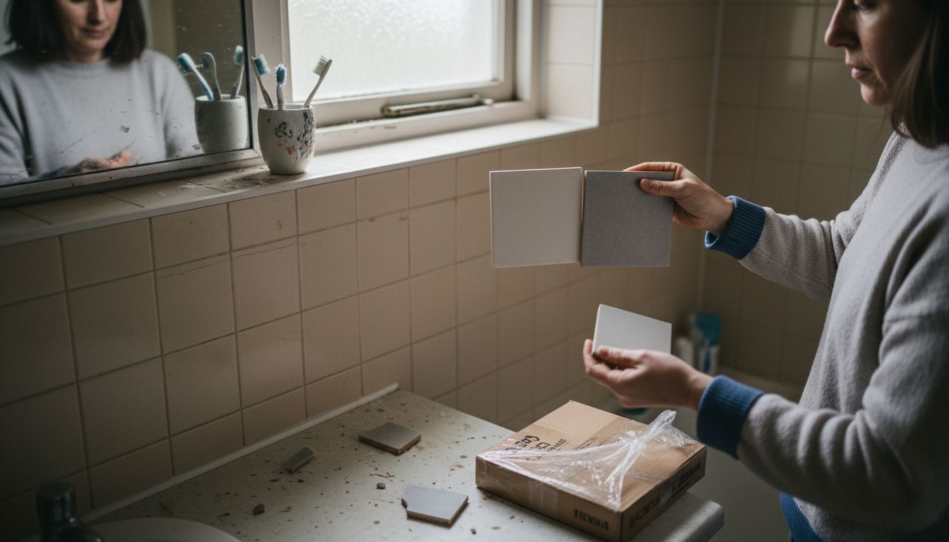 Woman comparing tile samples in bathroom