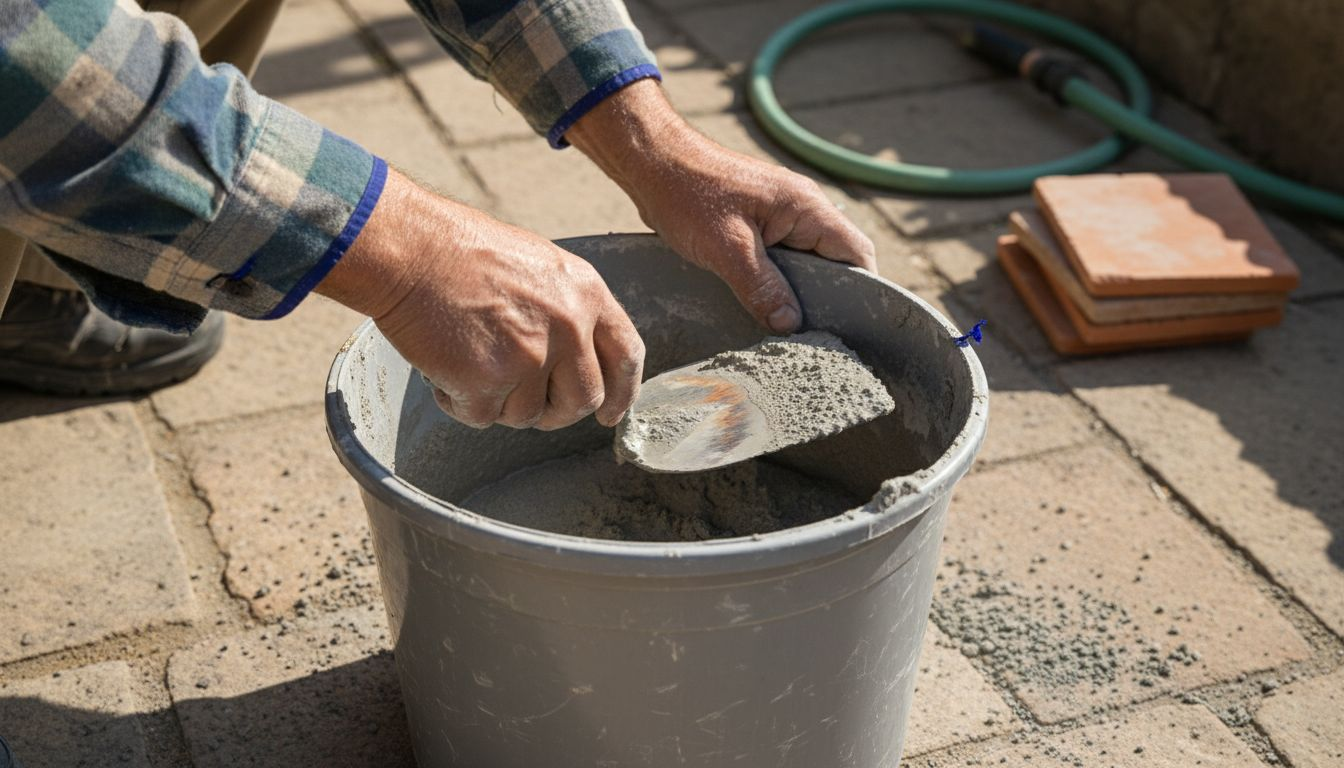 Hands mixing outdoor tile grout in bucket