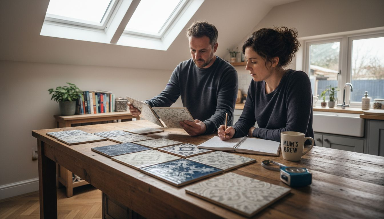 Designers comparing porcelain tile samples under skylight to assess colour and shade variation