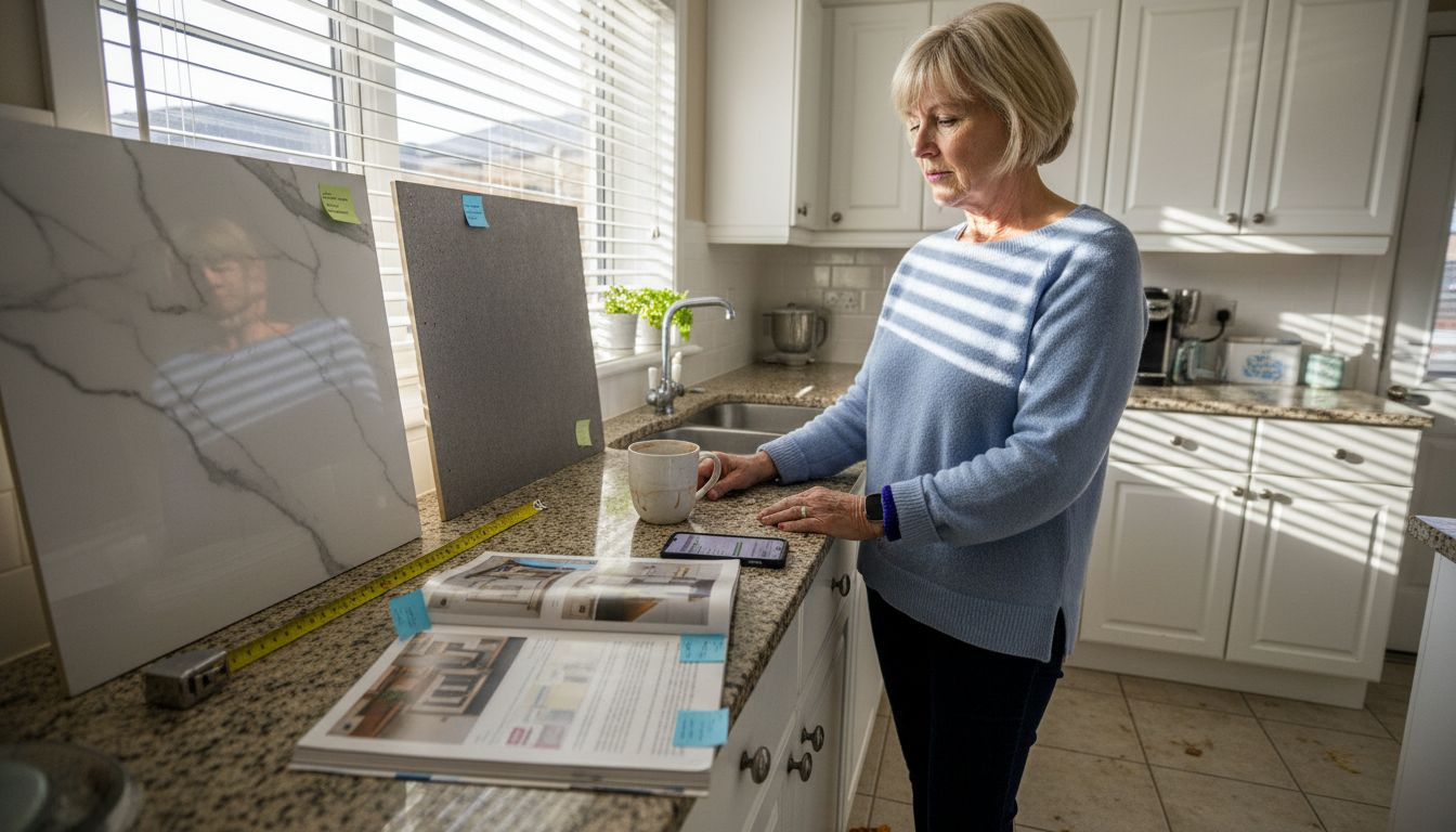Homeowner compares large tile samples in kitchen