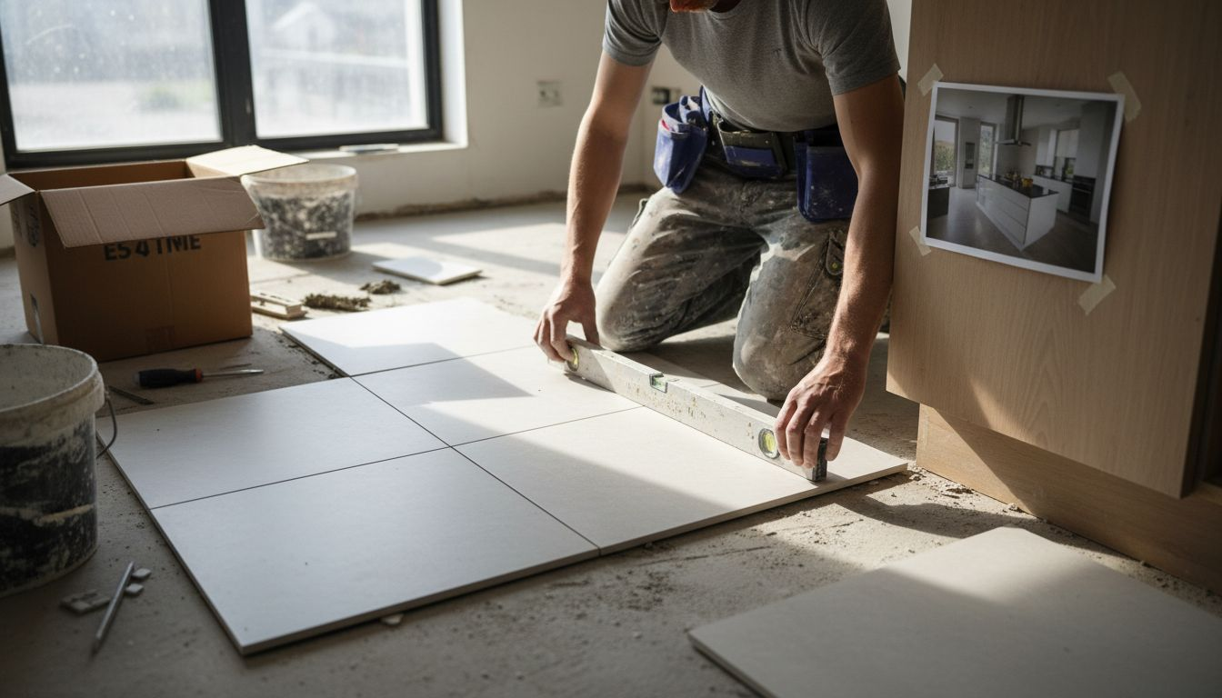 Porcelain tiles laid in kitchen space