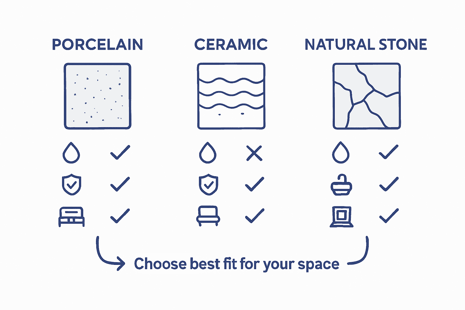 Comparison infographic for porcelain, ceramic, stone tiles