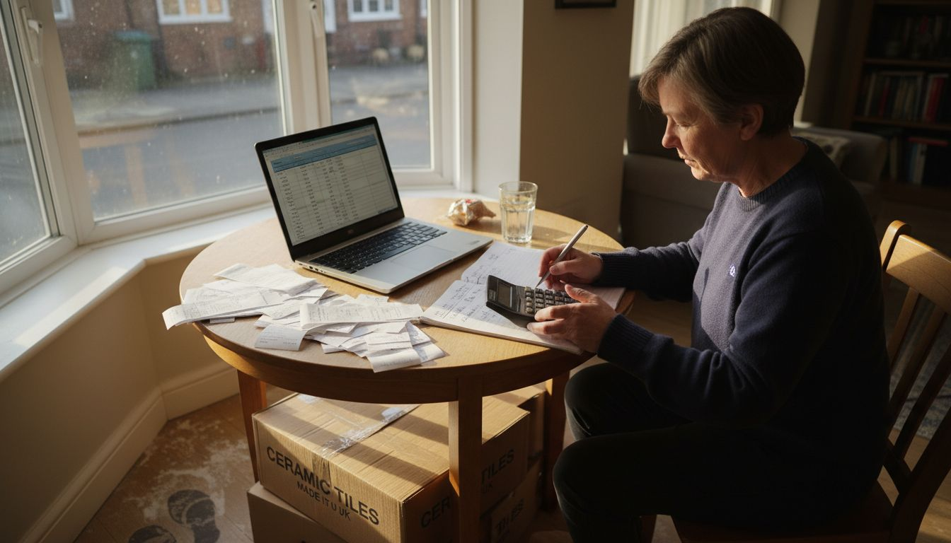 Homeowner calculating tile material costs