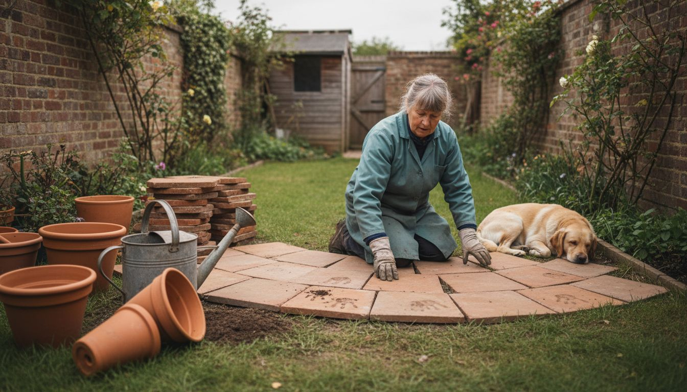 Garden patio tiles being installed with dog nearby
