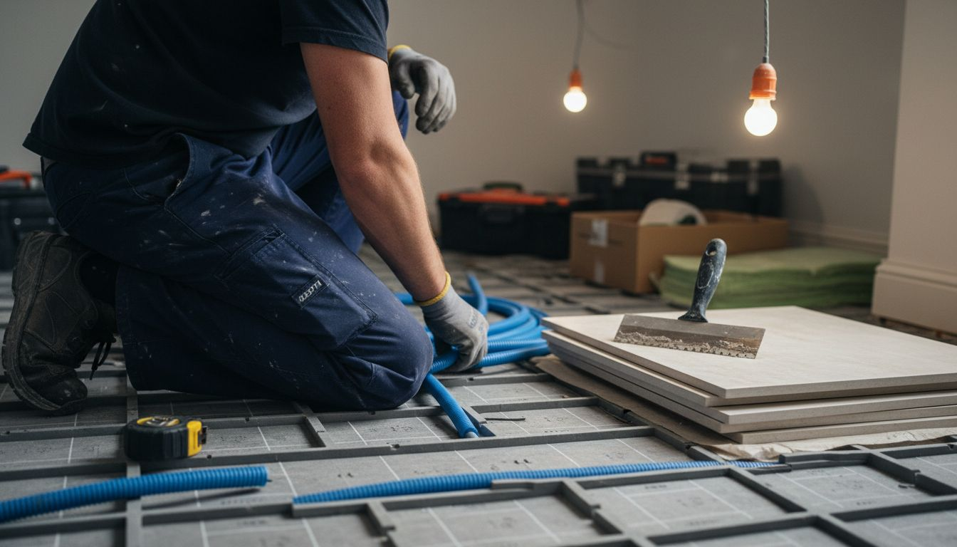 Engineer installing water underfloor heating pipes