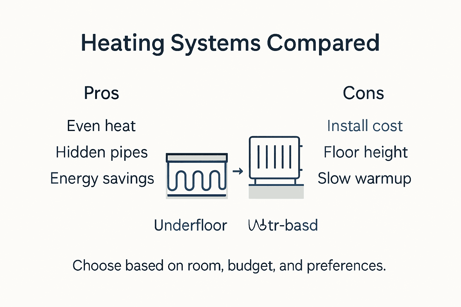 Infographic comparing underfloor heating systems pros and cons