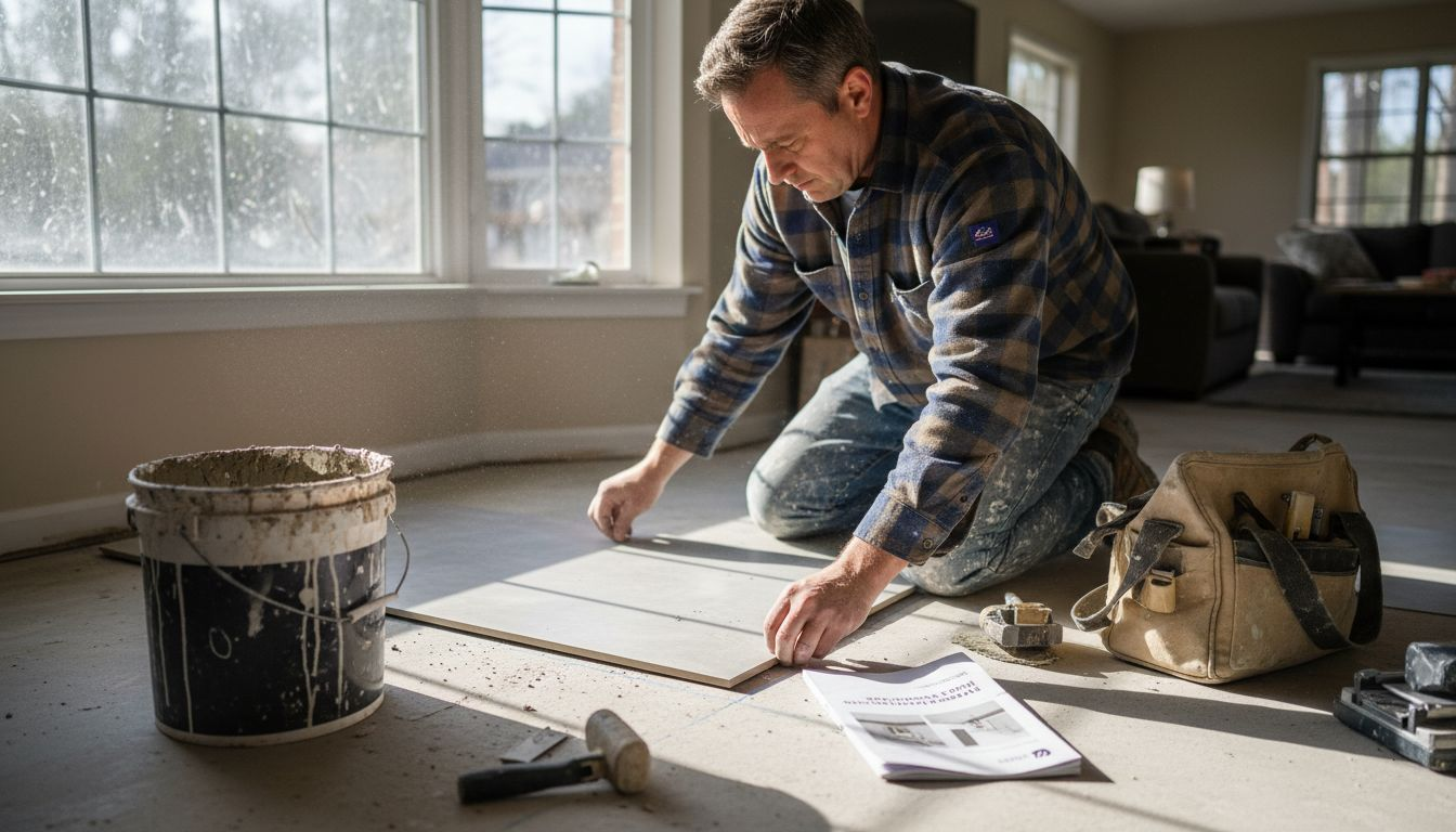 Tile installer aligning tiles in living room