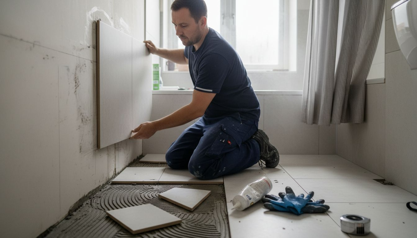 Contractor installing moisture-resistant porcelain tiles