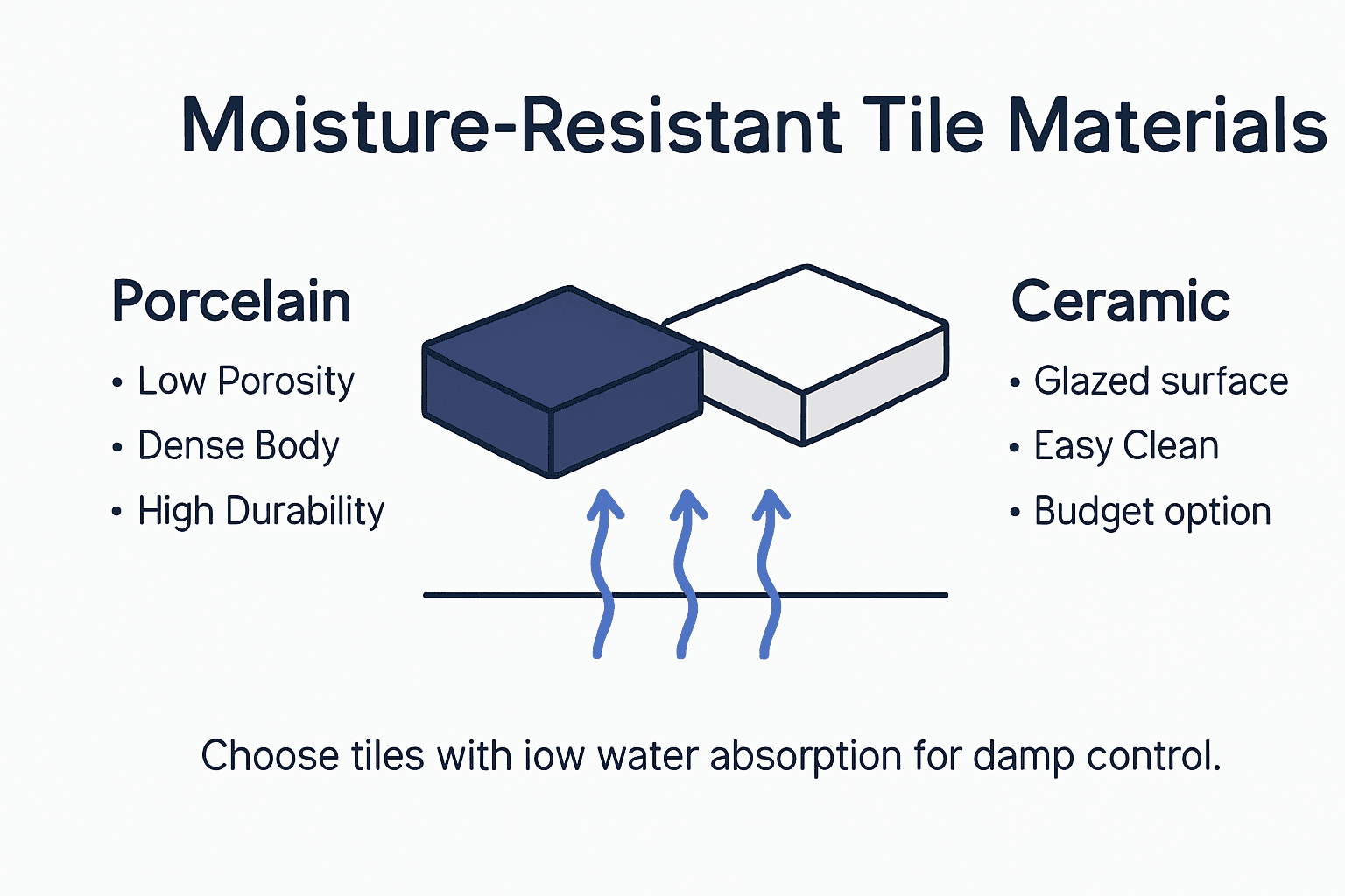 Infographic showing moisture-resistant tile types and features