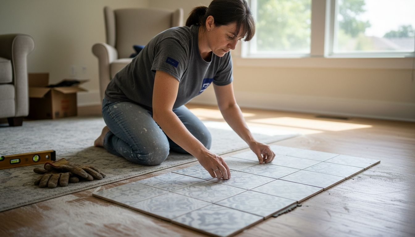 Woman adjusting dry laid floor tiles
