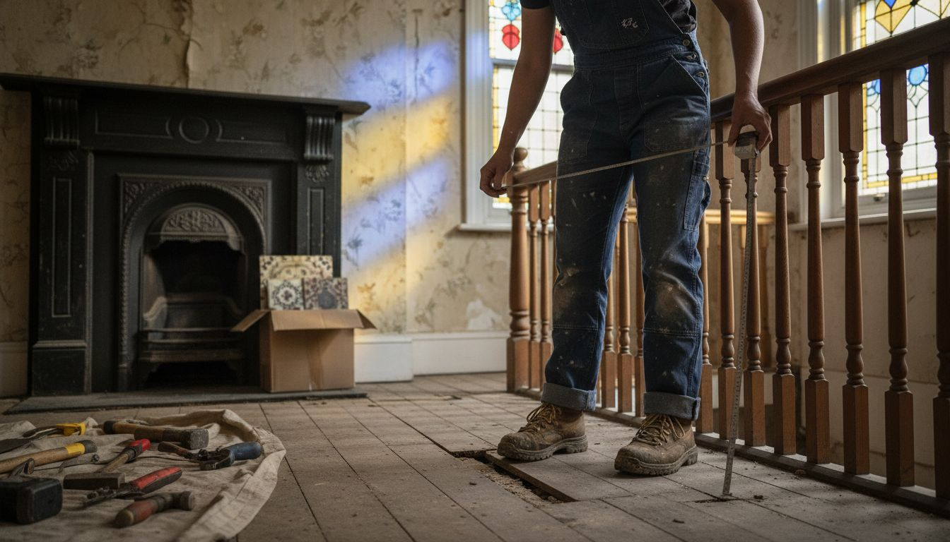 Contractor checking subfloor in old hallway